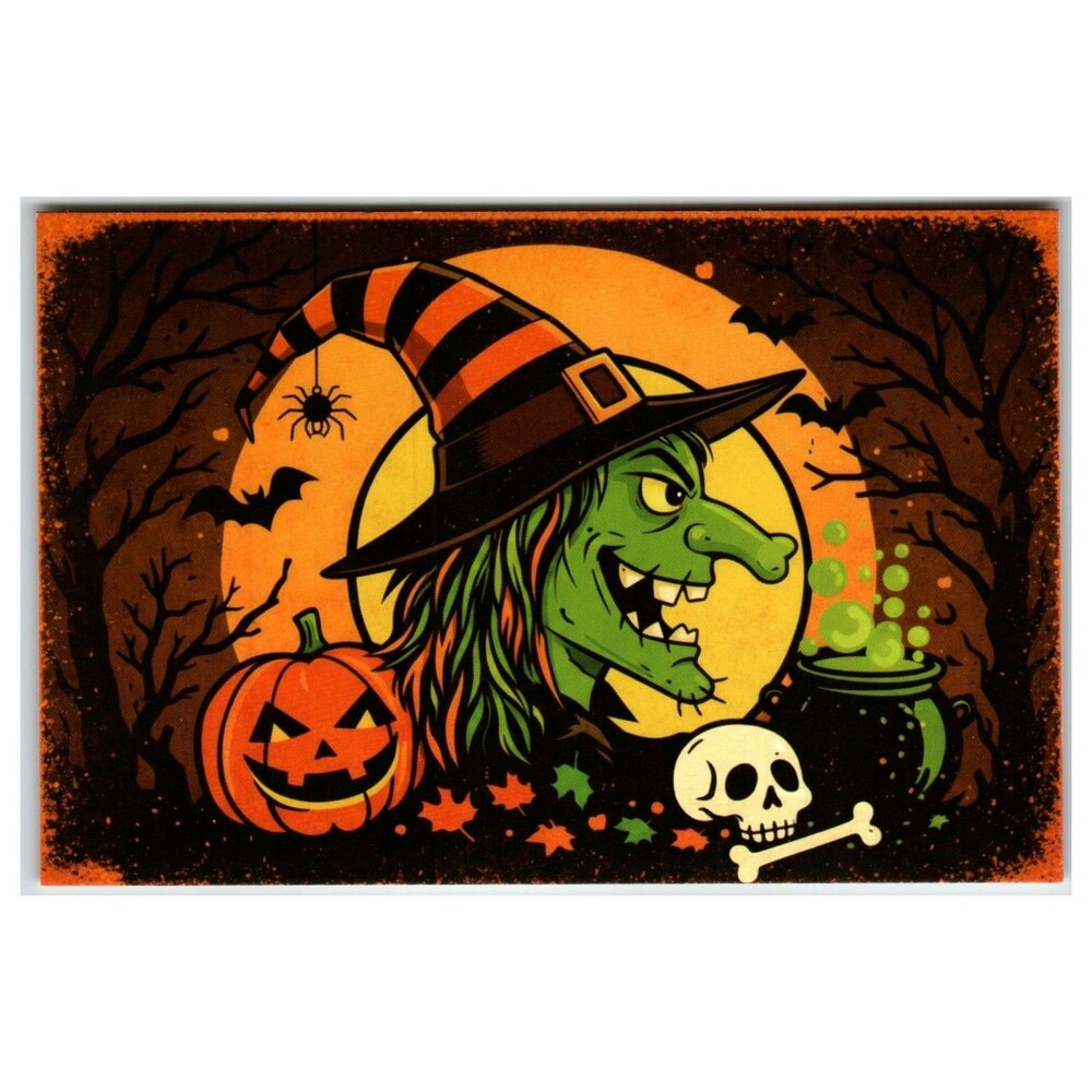 Happy Halloween Witch Jack-O'-Lantern Spooky Moon Art Postcard Vintage Style